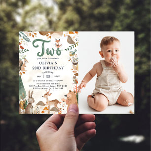 Cute Woodland Animals 2nd Birthday Party Photo  Invitation