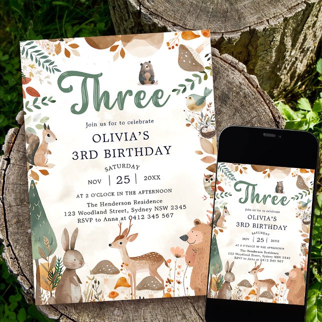 Cute Woodland Animals 3rd Birthday Party  Invitation (Creator Uploaded)