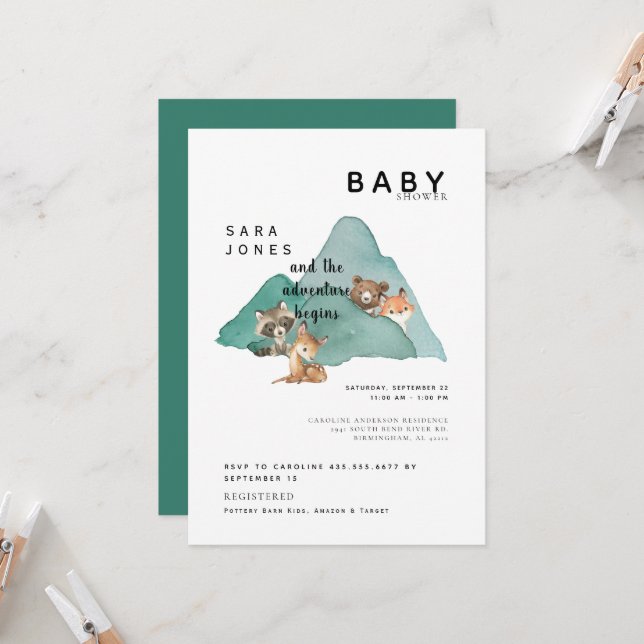 Cute Woodland Animals Adventure Baby Shower Invitation (Front/Back In Situ)