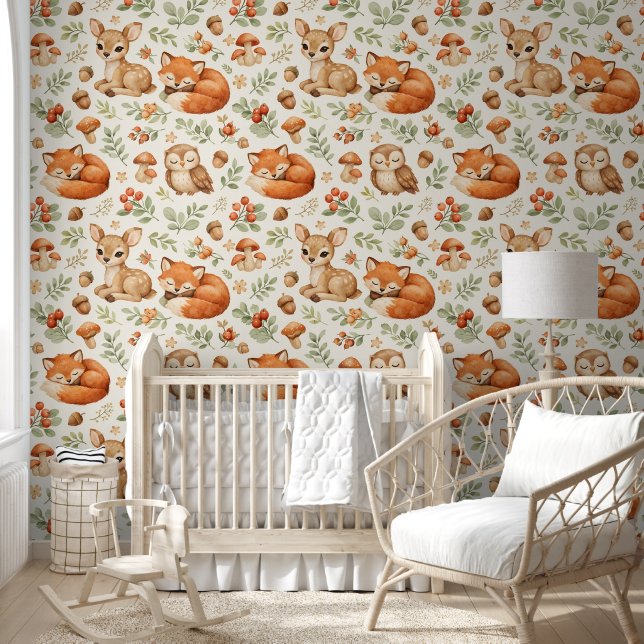 Cute Woodland Animals and Berries Pattern Wallpaper (Kids)