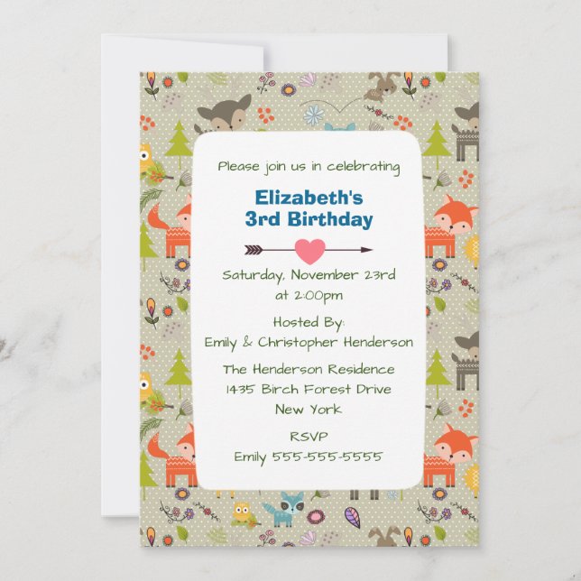 Cute Woodland Animals and Flowers Birthday Invite (Front)