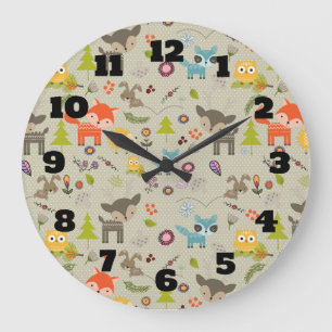 Cute Woodland Animals and Flowers Pattern Large Clock