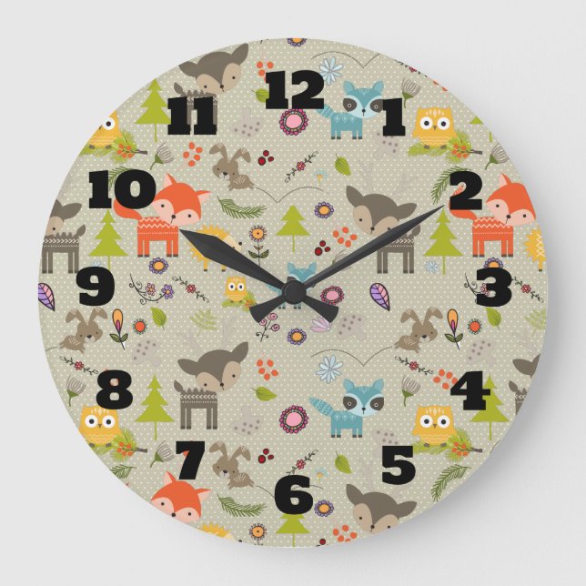 Cute Woodland Animals and Flowers Pattern Large Clock (Front)