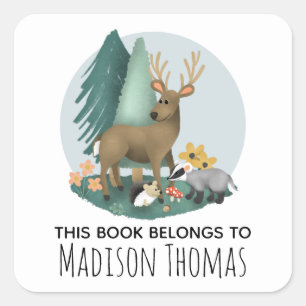 Cute Woodland Animals Baby and Kids Bookplate Square Sticker