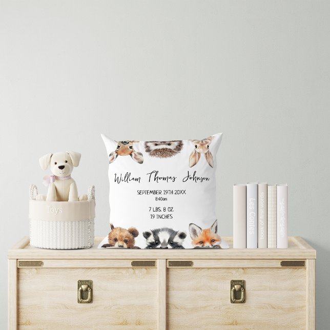 Cute Woodland Animals Baby Birth Stats Cushion (Cute Woodland Animals Baby Birth Stats Throw Pillow)