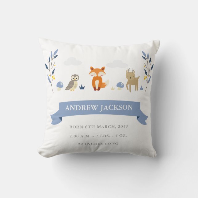Cute Woodland Animals Baby Boy Announcement Pillow (Front)