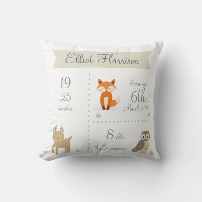 Cute Woodland Animals Baby Boy Announcement Pillow (Front)