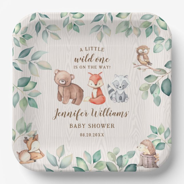Cute woodland animals baby boy shower paper plates (Front)