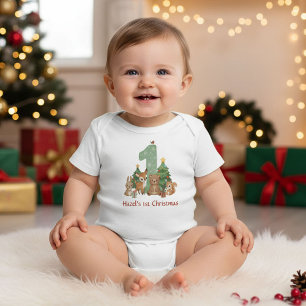 Cute Woodland Animals Baby First Christmas Green 1 Bodysuit