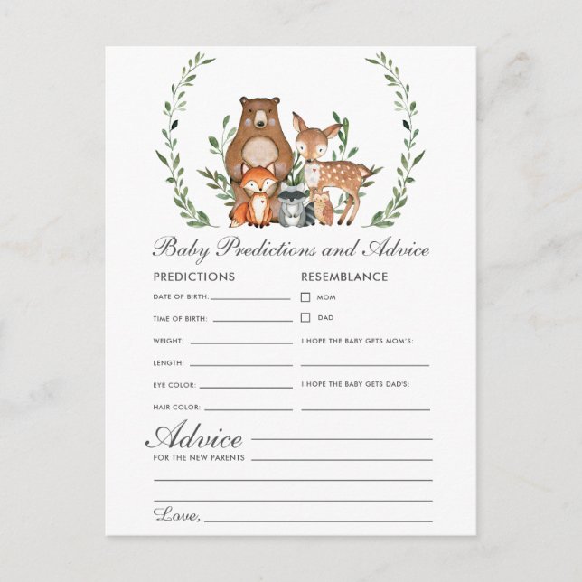 Cute Woodland Animals Baby Predictions and Advice Postcard (Front)