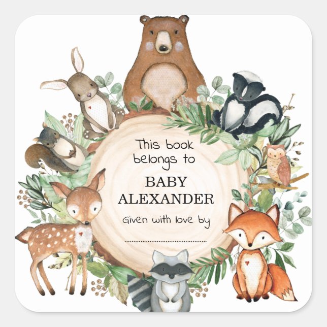 Cute Woodland Animals Baby Shower Bookplate Labels (Front)