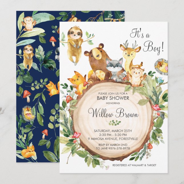 Cute Woodland Animals Baby Shower Boy Neutral Invitation (Front/Back)