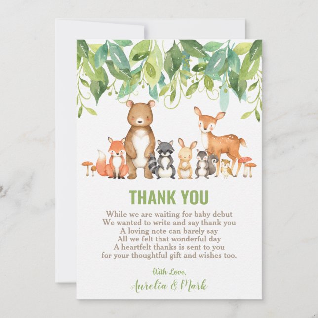 Cute Woodland Animals Baby Shower Boy Neutral Thank You Card (Front)