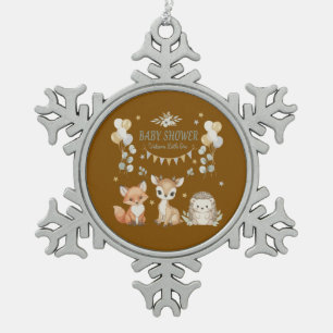 Cute Woodland Animals Baby Shower   Fox, Deer  Snowflake Pewter Christmas Ornament