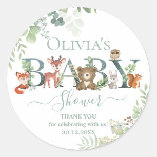 Cute Woodland Animals Baby Shower Greenery Favour Classic Round Sticker