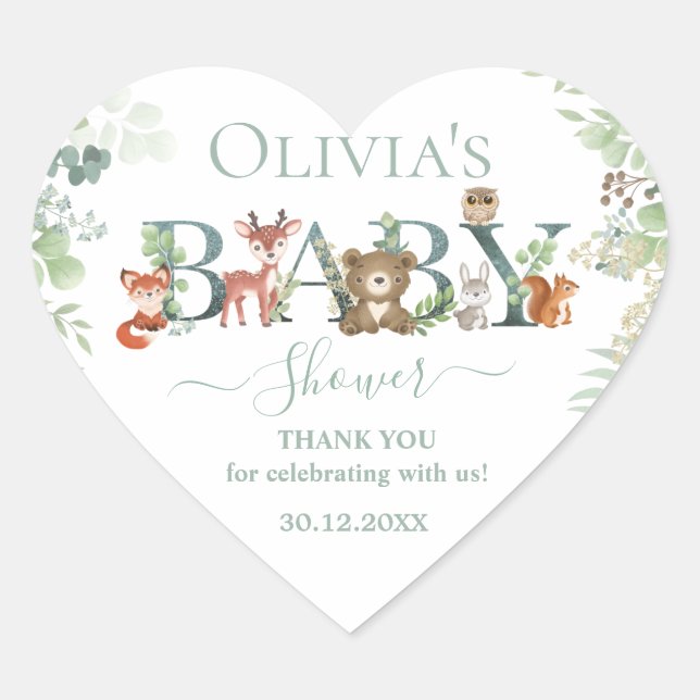 Cute Woodland Animals Baby Shower Greenery Favour Heart Sticker (Front)