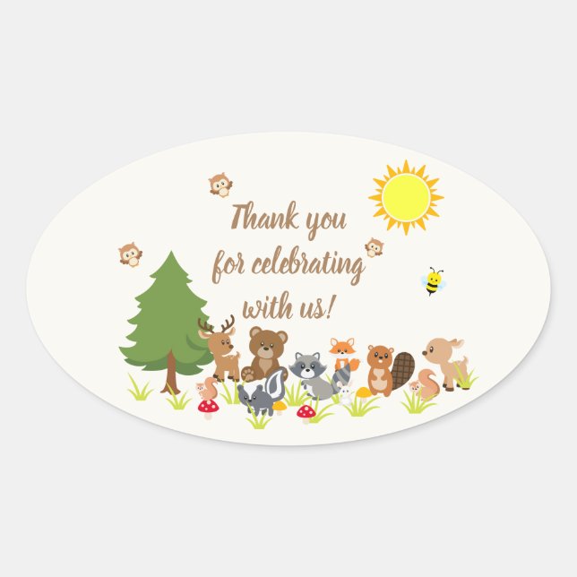 Cute Woodland Animals Baby Shower Oval Sticker (Front)