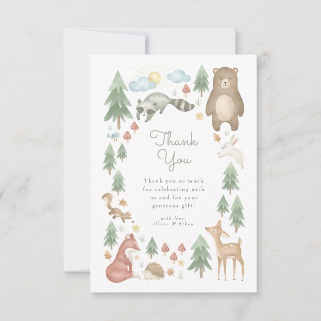 Cute Woodland Animals Baby Shower Thank You Card (Front)