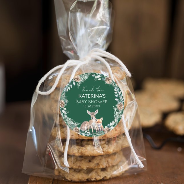 Cute Woodland Animals Baby Shower Thank You Favour Classic Round Sticker (Add these cute woodland animal thank you stickers to baked goods for an easy baby shower favor.)