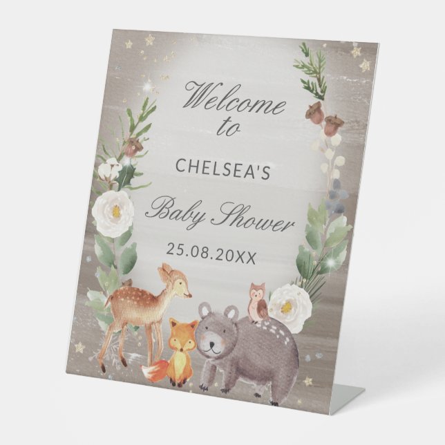 Cute Woodland Animals Baby Shower Welcome  Pedestal Sign (Front)