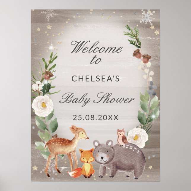 Cute Woodland Animals Baby Shower Welcome Poster (Front)
