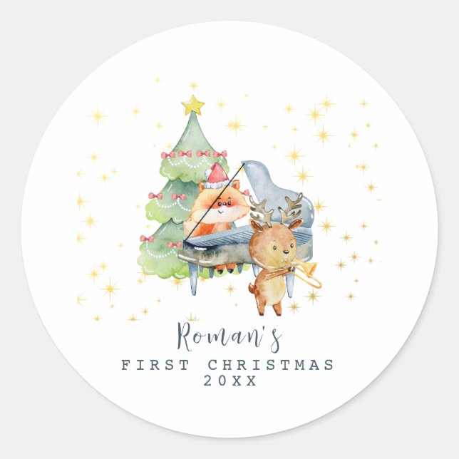 Cute Woodland Animals Baby's First Christmas Photo Classic Round Sticker (Front)