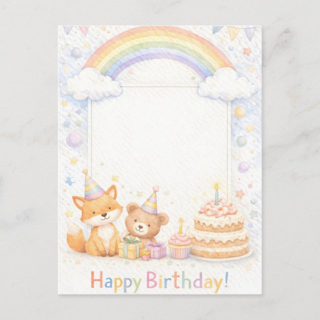 Cute Woodland Animals Birthday Card with Rainbow (Front)