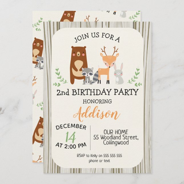 Cute Woodland Animals Birthday Invitation (Front/Back)