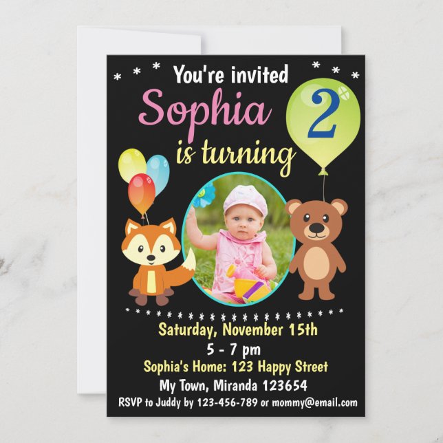 Cute woodland animals birthday invitation (Front)