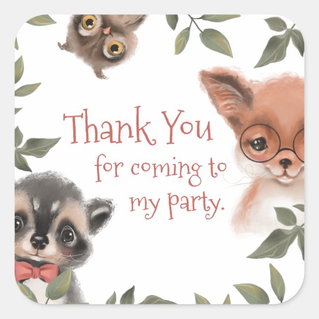 Cute Woodland Animals Birthday Party Thank You Square Sticker (Front)