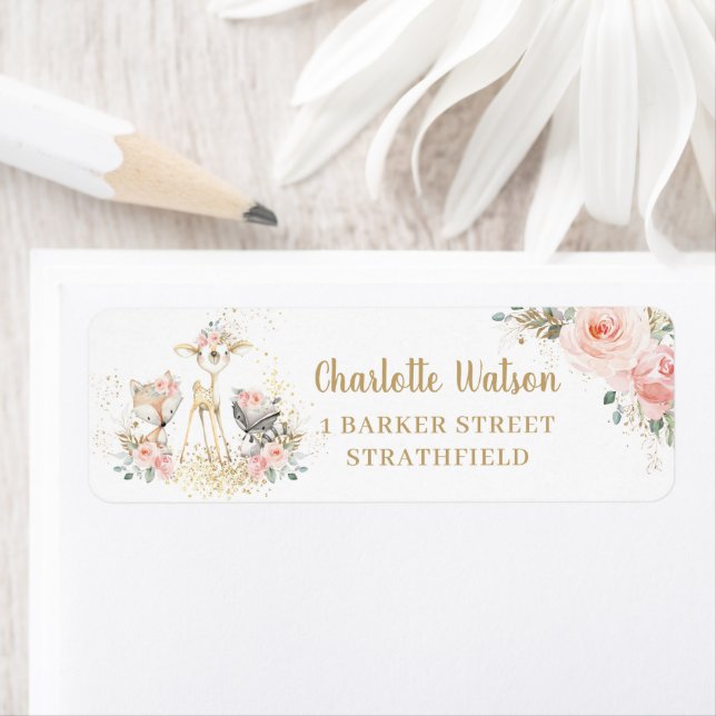 Cute Woodland Animals Blush Floral Return Address  (Insitu)