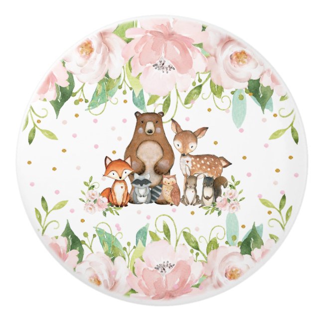 Cute Woodland Animals Blush Pink Floral Girl Ceramic Knob (Front)