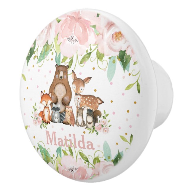 Cute Woodland Animals Blush Pink Floral Nursery Ceramic Knob (Right)