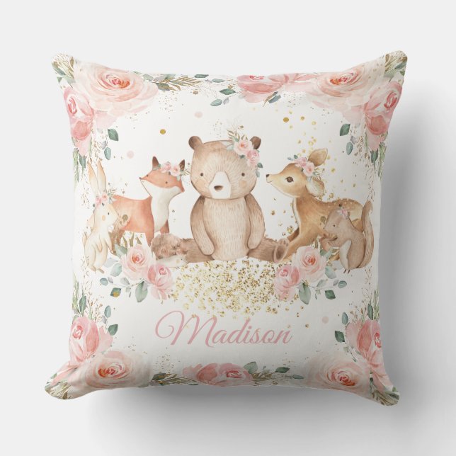 Cute Woodland Animals Blush Pink Floral Nursery  Cushion (Front)