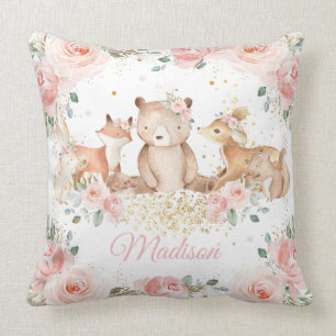 Cute Woodland Animals Blush Pink Floral Nursery  Cushion