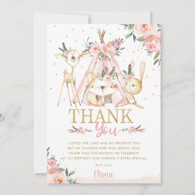 Cute Woodland Animals Boho Tribal Birthday Party Thank You Card (Front)