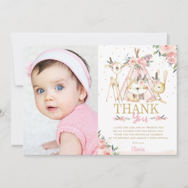 Cute Woodland Animals Boho Tribal Birthday Photo Thank You Card (Front)