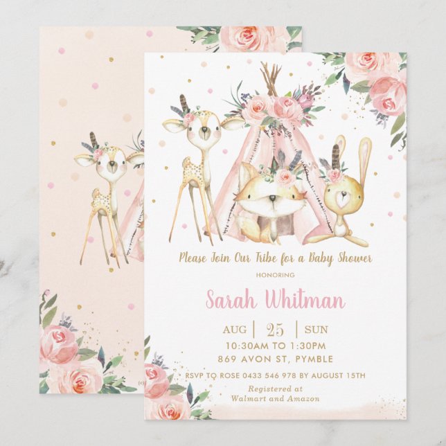 Cute Woodland Animals Boho Tribal Girl Baby Shower Invitation (Front/Back)