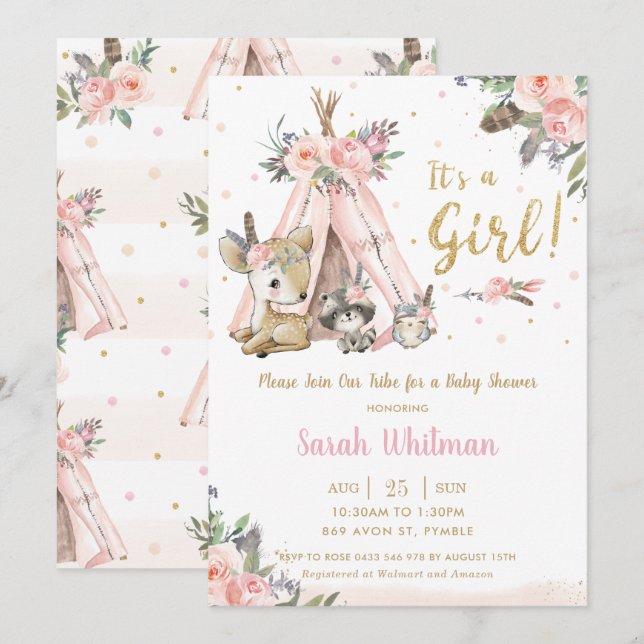 Cute Woodland Animals Boho Tribal Girl Baby Shower Invitation (Front/Back)