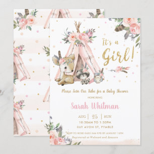 Cute Woodland Animals Boho Tribal Girl Baby Shower Invitation