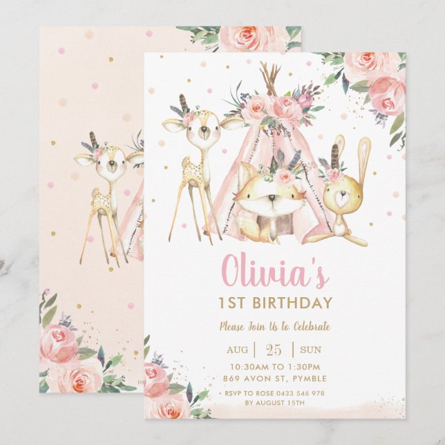 Cute Woodland Animals Boho Tribal Girl Birthday Invitation (Front/Back)