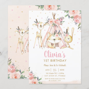 Cute Woodland Animals Boho Tribal Girl Birthday Invitation