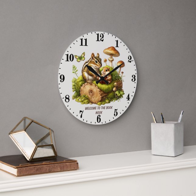 Cute woodland animals book nook reading lovers  large clock (Office)