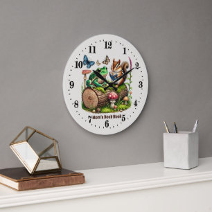 Cute woodland animals book nook reading lovers large clock