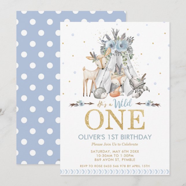 Cute Woodland Animals Boy Wild One 1st Birthday Invitation (Front/Back)