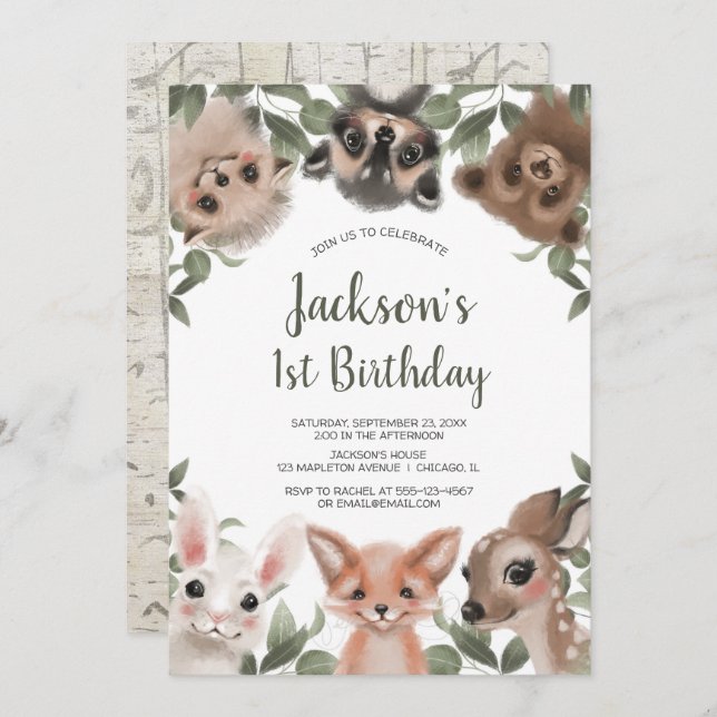 Cute woodland animals boys 1st birthday party invitation (Front/Back)