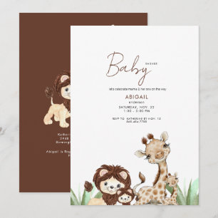 Cute Woodland Animals Brown & White Baby Shower Invitation