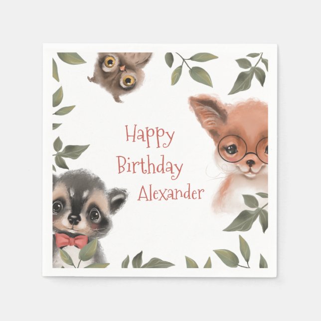 Cute Woodland Animals Children's Birthday Party Napkin (Front)
