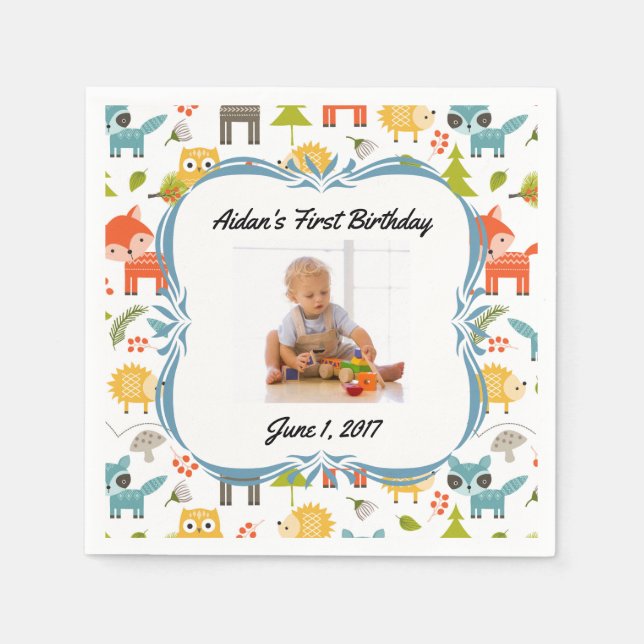 Cute Woodland Animals Custom Photo Party Napkins (Front)