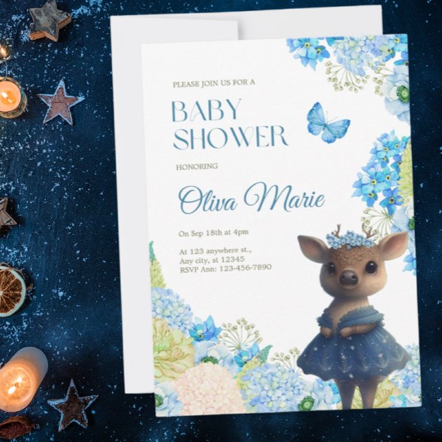Cute Woodland Animals Deer Blue Floral Baby Shower Invitation (Creator Uploaded)